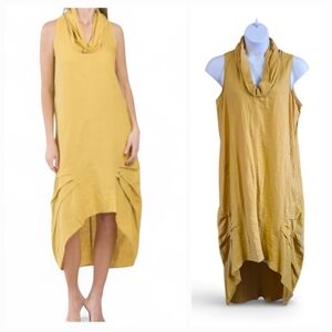 FOR CYNTHIA Rowley Linen Viscose Dress Mustard Yellow Sleeveless Lagenlook Sz XL